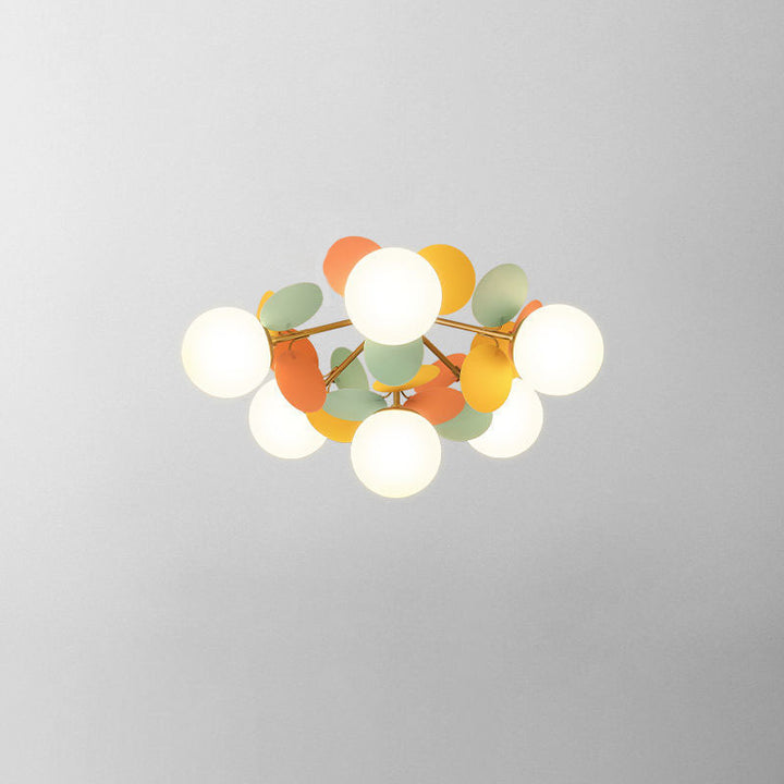 Zeitgenössische skandinavische bunte Blumenkugel aus Metall, Glas, Acryl, 1/4/6/8 Lichter, halbbündige Deckenleuchte für Schlafzimmer 