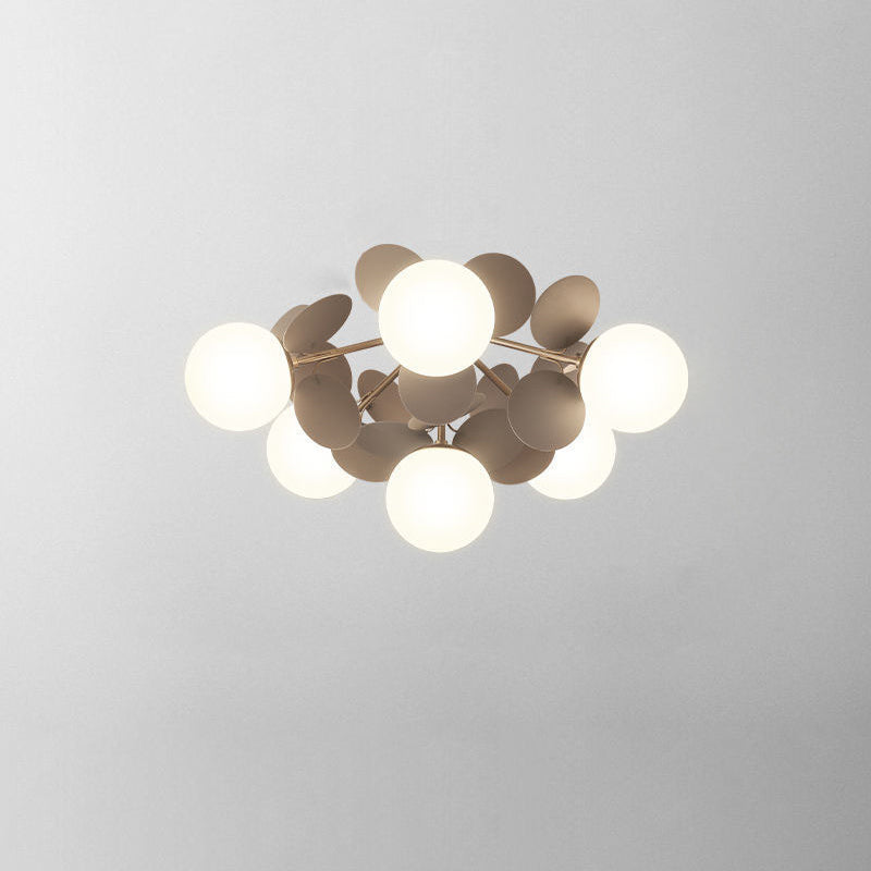 Zeitgenössische skandinavische bunte Blumenkugel aus Metall, Glas, Acryl, 1/4/6/8 Lichter, halbbündige Deckenleuchte für Schlafzimmer 