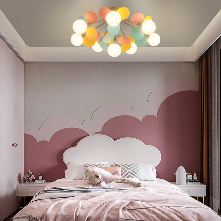 Zeitgenössische skandinavische bunte Blumenkugel aus Metall, Glas, Acryl, 1/4/6/8 Lichter, halbbündige Deckenleuchte für Schlafzimmer 