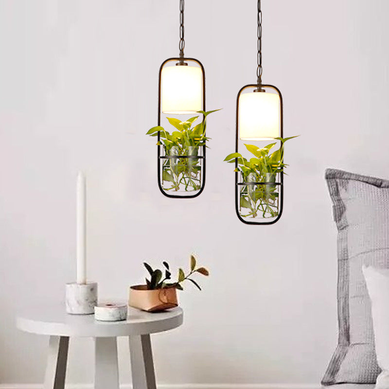 Modern Art Deco Rectangle Aquatic Plants Iron Glass 1-Light Pendant Light For Living Room