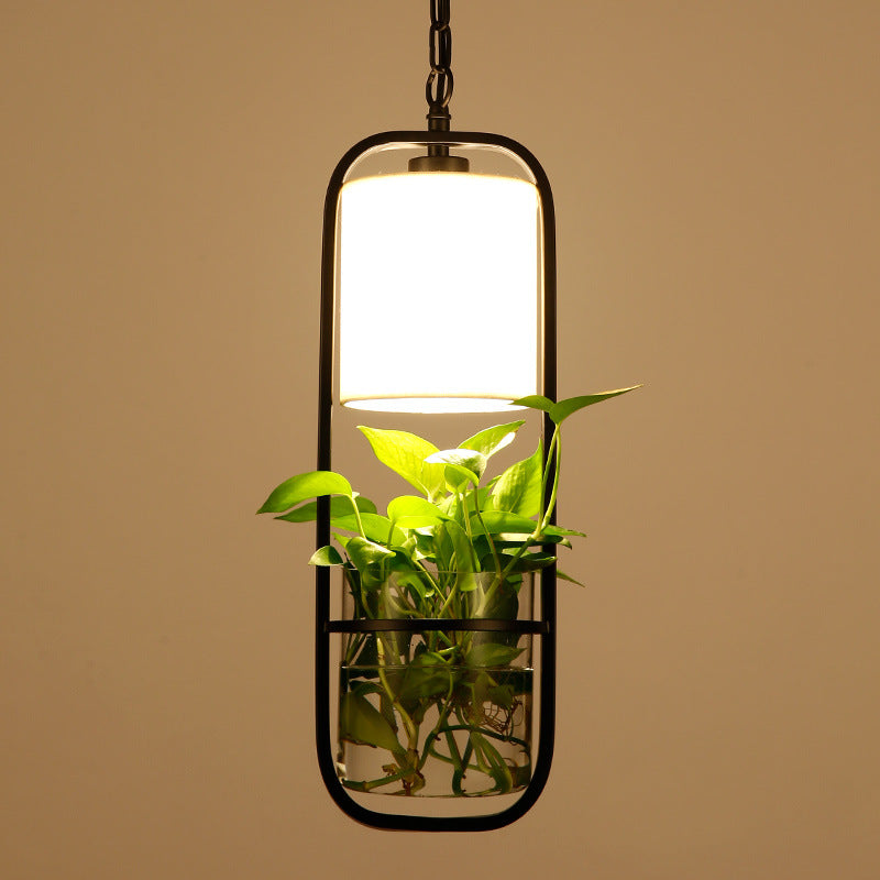 Modern Art Deco Rectangle Aquatic Plants Iron Glass 1-Light Pendant Light For Living Room