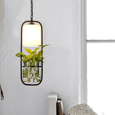 Modern Art Deco Rectangle Aquatic Plants Iron Glass 1-Light Pendant Light For Living Room