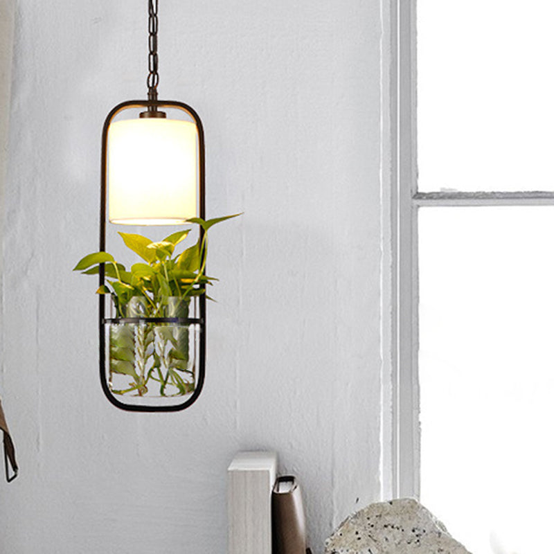 Modern Art Deco Rectangle Aquatic Plants Iron Glass 1-Light Pendant Light For Living Room