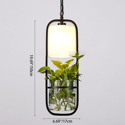 Modern Art Deco Rectangle Aquatic Plants Iron Glass 1-Light Pendant Light For Living Room