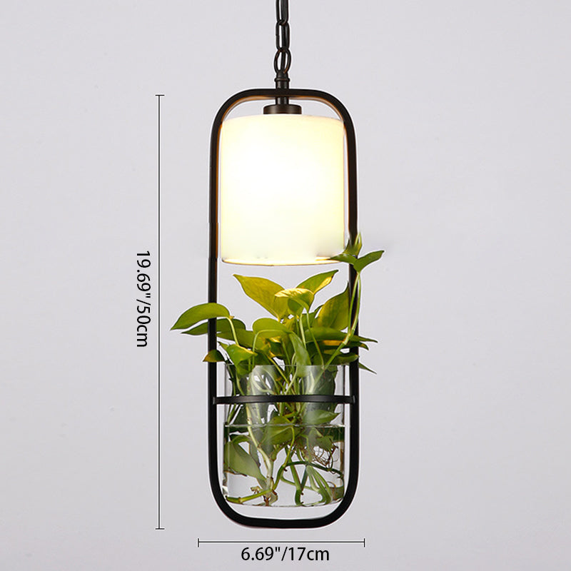 Modern Art Deco Rectangle Aquatic Plants Iron Glass 1-Light Pendant Light For Living Room