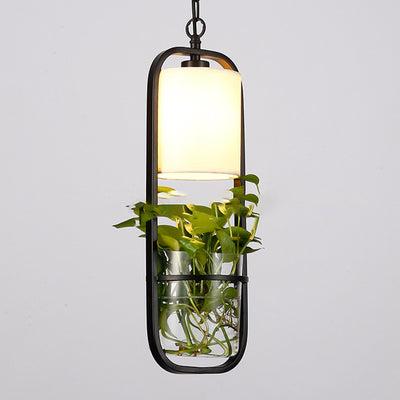 Modern Art Deco Rectangle Aquatic Plants Iron Glass 1-Light Pendant Light For Living Room