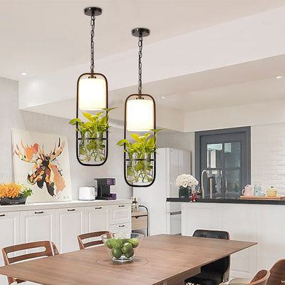 Modern Art Deco Rectangle Aquatic Plants Iron Glass 1-Light Pendant Light For Living Room