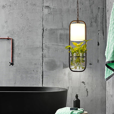 Modern Art Deco Rectangle Aquatic Plants Iron Glass 1-Light Pendant Light For Living Room