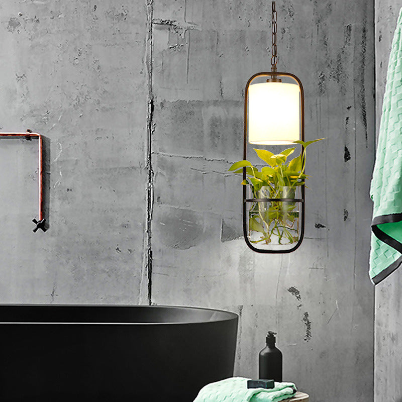 Modern Art Deco Rectangle Aquatic Plants Iron Glass 1-Light Pendant Light For Living Room