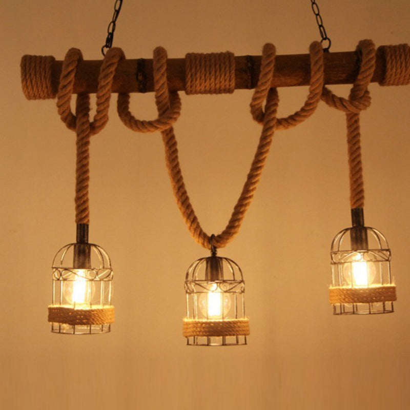 Lustre traditionnel en forme de cage à oiseaux rustique avec corde en chanvre et cylindre en fer à 3 lumières pour salle à manger 