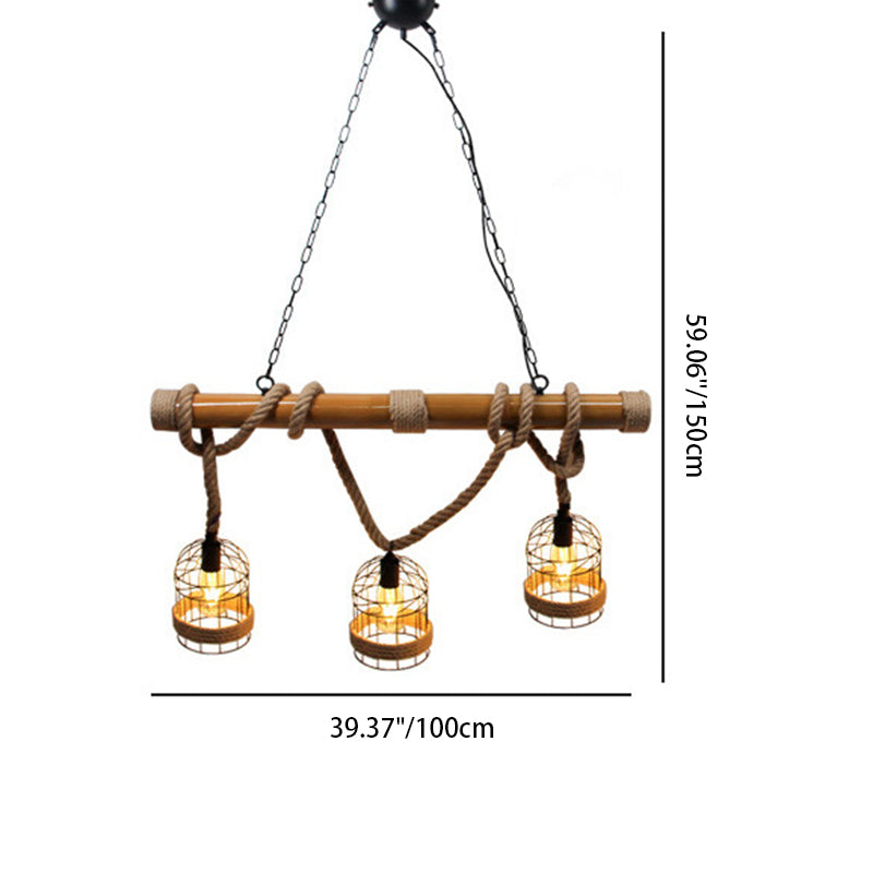 Lustre traditionnel en forme de cage à oiseaux rustique avec corde en chanvre et cylindre en fer à 3 lumières pour salle à manger 