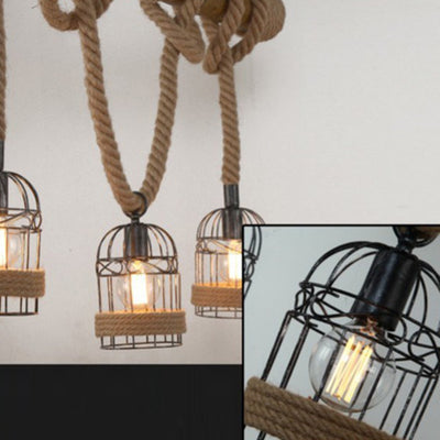 Lustre traditionnel en forme de cage à oiseaux rustique avec corde en chanvre et cylindre en fer à 3 lumières pour salle à manger 