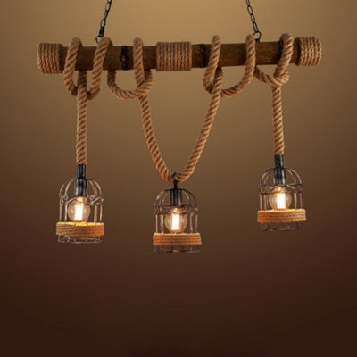 Lustre traditionnel en forme de cage à oiseaux rustique avec corde en chanvre et cylindre en fer à 3 lumières pour salle à manger 