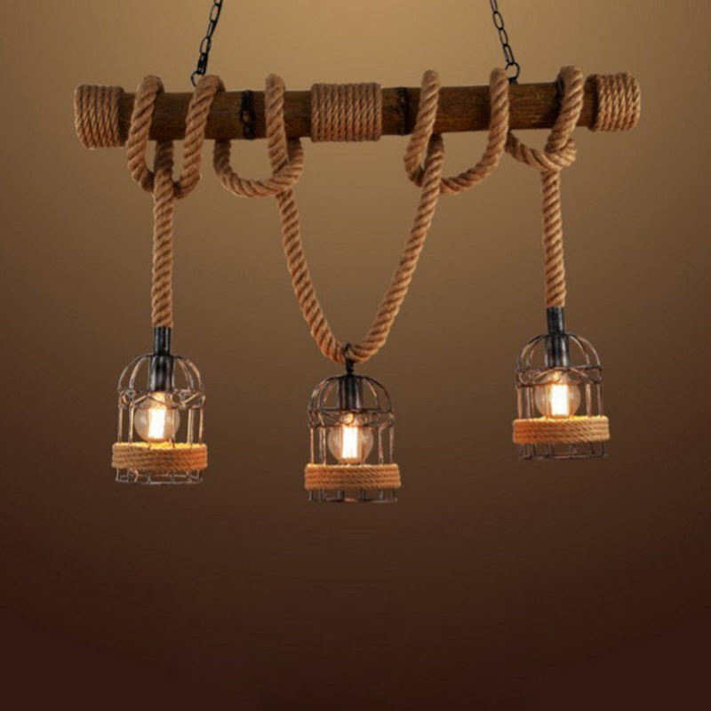 Lustre traditionnel en forme de cage à oiseaux rustique avec corde en chanvre et cylindre en fer à 3 lumières pour salle à manger 