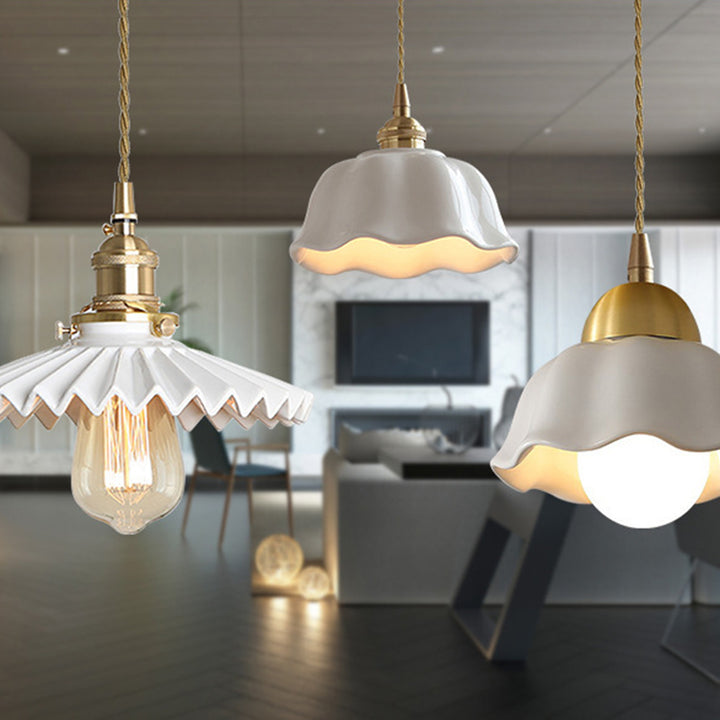 Suspension lumineuse moderne scandinave en céramique cuivrée à plis demi-cercle 1 lumière pour chambre 