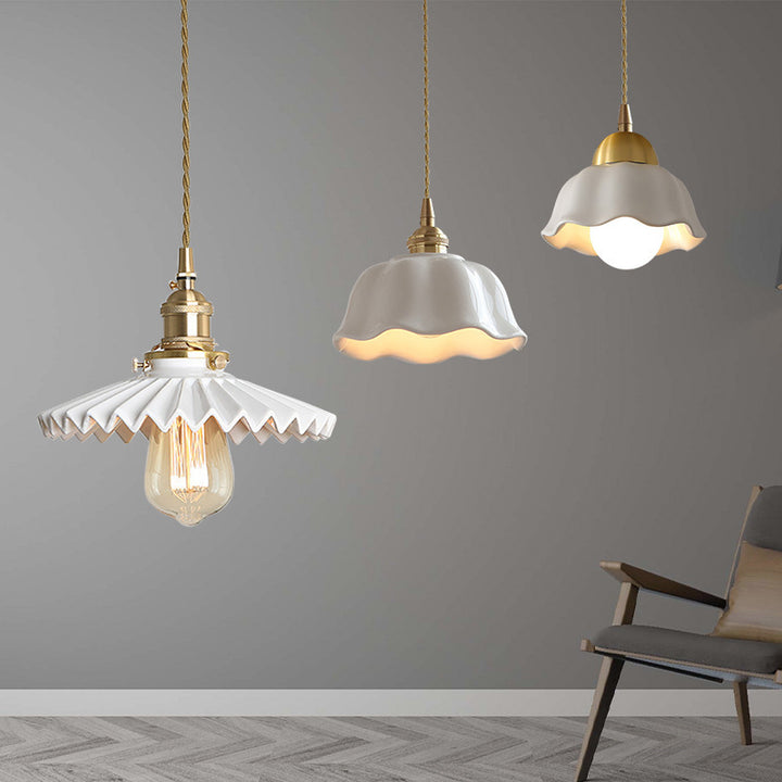 Suspension lumineuse moderne scandinave en céramique cuivrée à plis demi-cercle 1 lumière pour chambre 