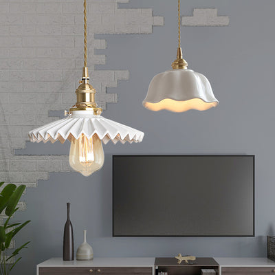 Modern Scandinavian Pleated Half Circle Copper Ceramic 1-Light Pendant Light For Bedroom
