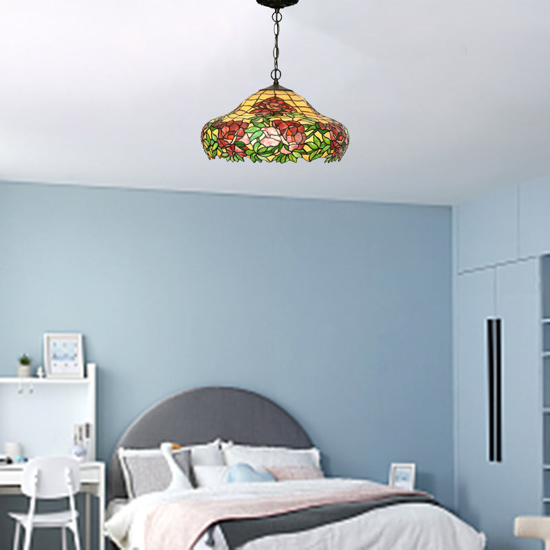 Suspension à 3 lumières en verre teinté fer en forme de cône rond Tiffany traditionnel pour chambre 