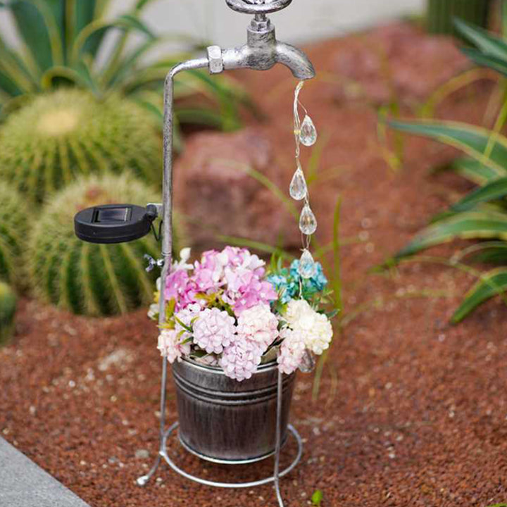 Modern Art Deco Solar Faucet Water Drops Flowing Water Planter Shape Iron LED Outdoor Light For Garden