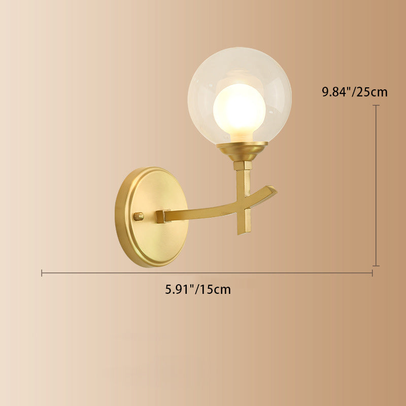 Lámpara Aplique de Pared de 1 Luz Moderna de Lujo Redonda Cilíndrica Esférica de Vidrio y Cobre para Dormitorio 