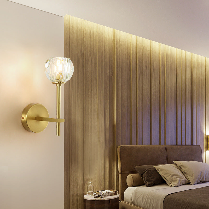 Lámpara Aplique de Pared de 1 Luz Moderna de Lujo Redonda Cilíndrica Esférica de Vidrio y Cobre para Dormitorio 