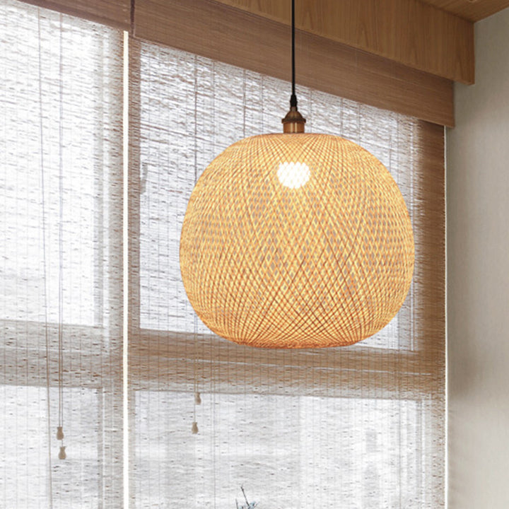 Suspension lumineuse 1 lumière en bambou tissé rond traditionnel japonais pour chambre à coucher 