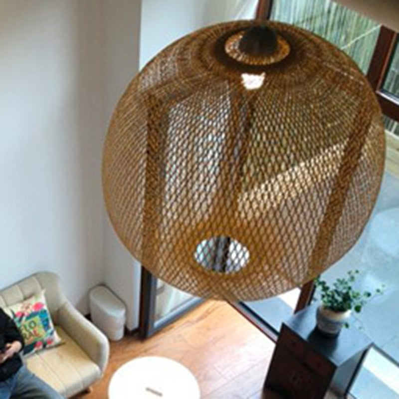 Suspension lumineuse 1 lumière en bambou tissé rond traditionnel japonais pour chambre à coucher 