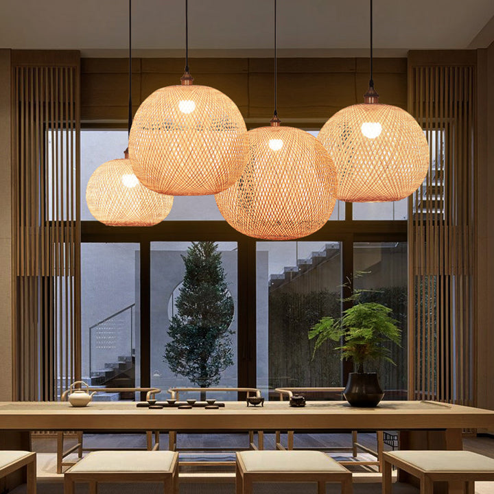 Suspension lumineuse 1 lumière en bambou tissé rond traditionnel japonais pour chambre à coucher 