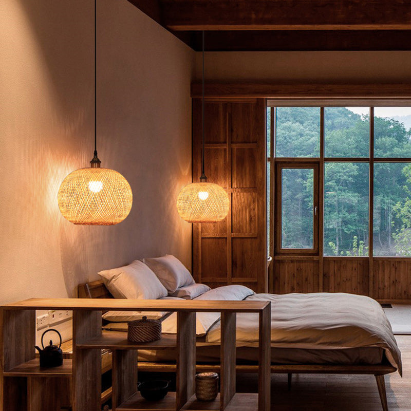 Suspension lumineuse 1 lumière en bambou tissé rond traditionnel japonais pour chambre à coucher 