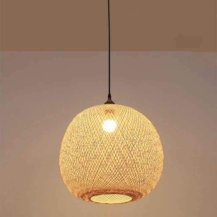 Suspension lumineuse 1 lumière en bambou tissé rond traditionnel japonais pour chambre à coucher 