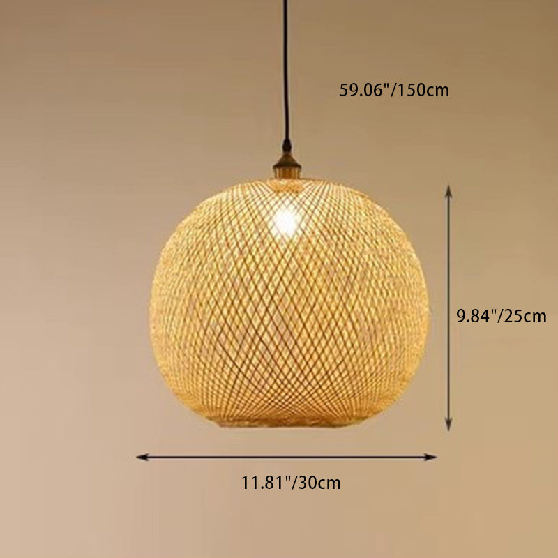 Suspension lumineuse 1 lumière en bambou tissé rond traditionnel japonais pour chambre à coucher 