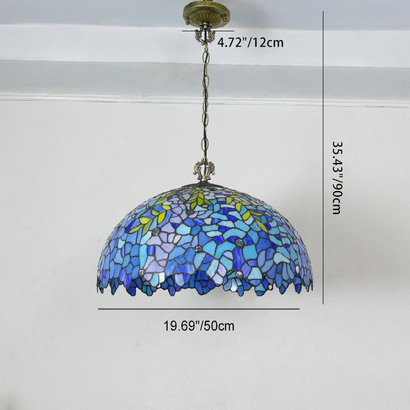Lustre suspendu à 3 lumières en verre teinté en métal à motif de fleur ronde traditionnelle Tiffany pour chambre 