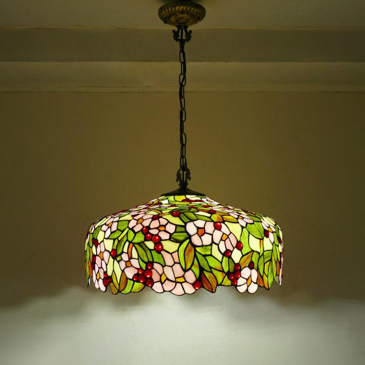Lustre suspendu à 3 lumières en verre teinté en métal à motif de fleur ronde traditionnelle Tiffany pour chambre 