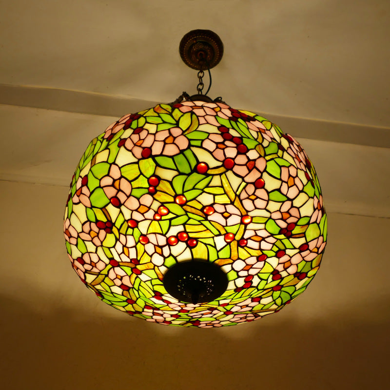 Lustre suspendu à 3 lumières en verre teinté en métal à motif de fleur ronde traditionnelle Tiffany pour chambre 