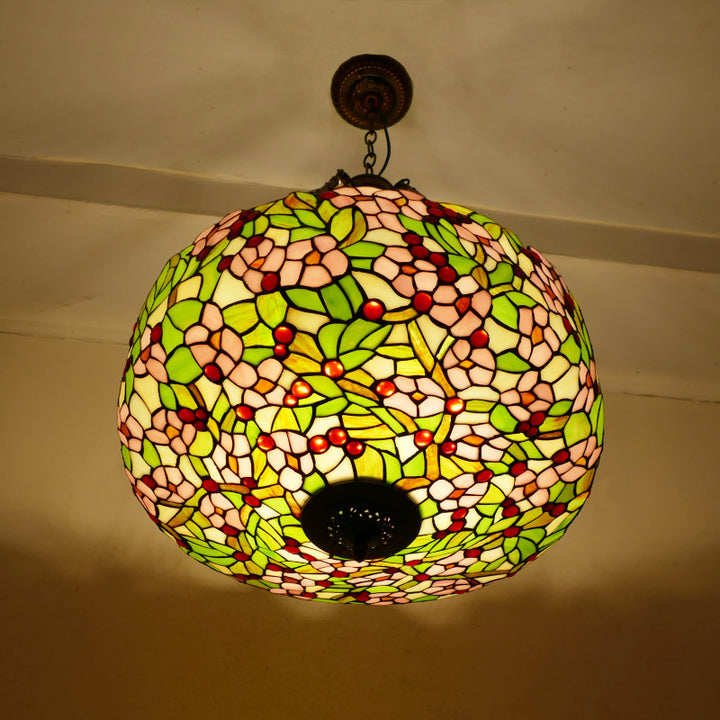Lustre suspendu à 3 lumières en verre teinté en métal à motif de fleur ronde traditionnelle Tiffany pour chambre 