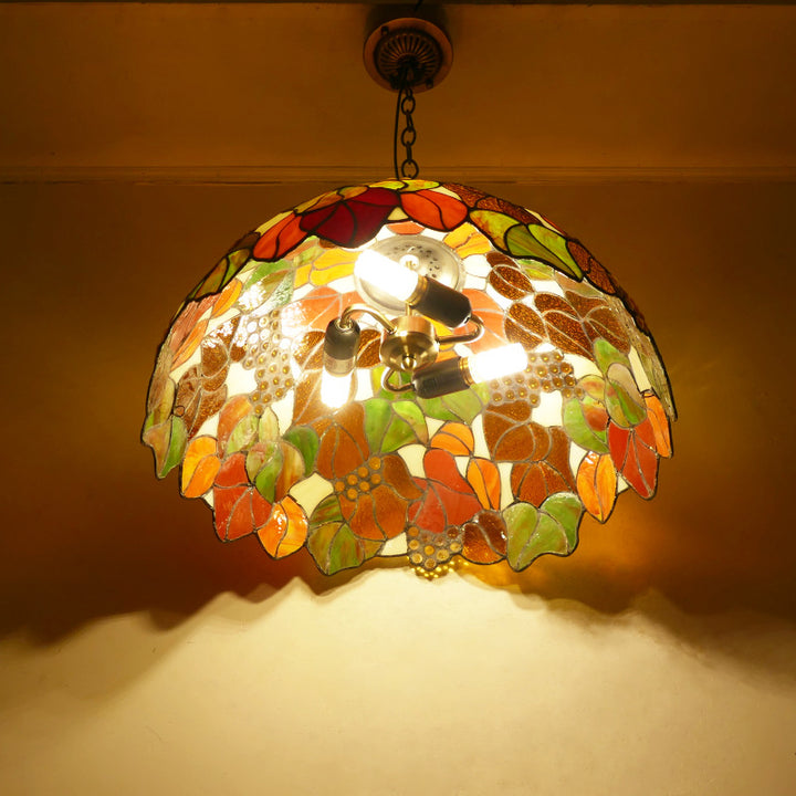 Lustre suspendu à 3 lumières en verre teinté en métal à motif de fleur ronde traditionnelle Tiffany pour chambre 