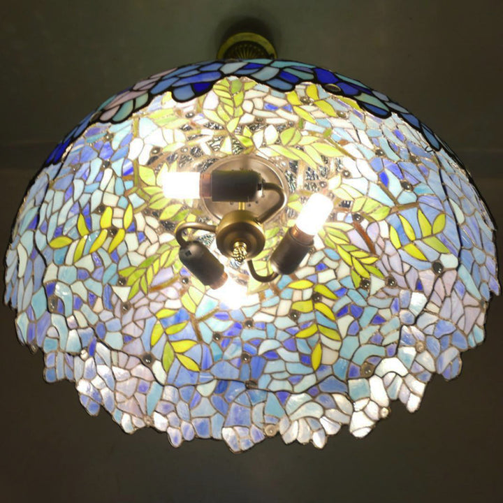 Lustre suspendu à 3 lumières en verre teinté en métal à motif de fleur ronde traditionnelle Tiffany pour chambre 