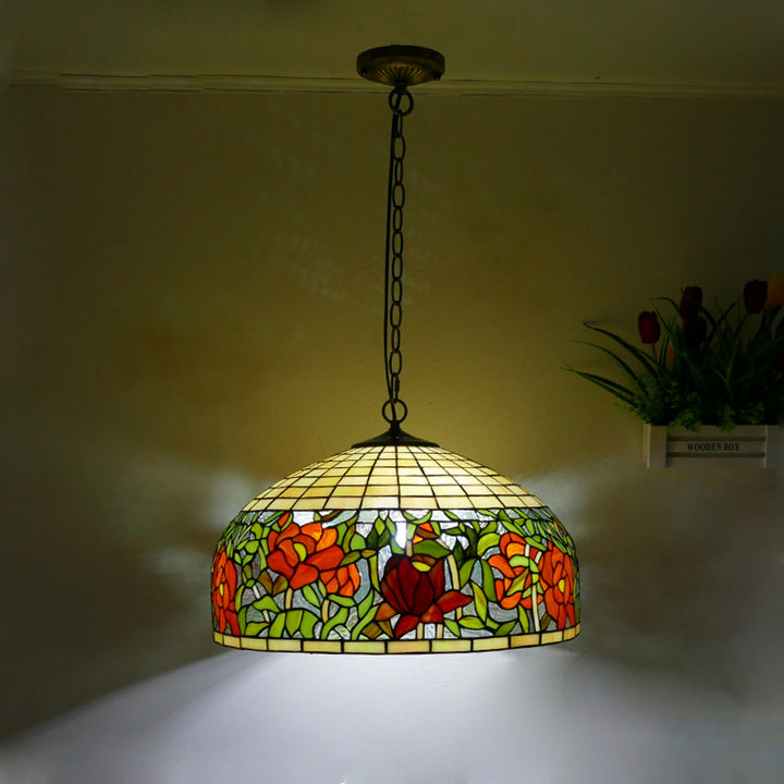 Lustre suspendu à 3 lumières en verre teinté en métal à motif de fleur ronde traditionnelle Tiffany pour chambre 