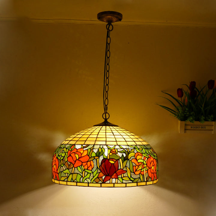 Lustre suspendu à 3 lumières en verre teinté en métal à motif de fleur ronde traditionnelle Tiffany pour chambre 