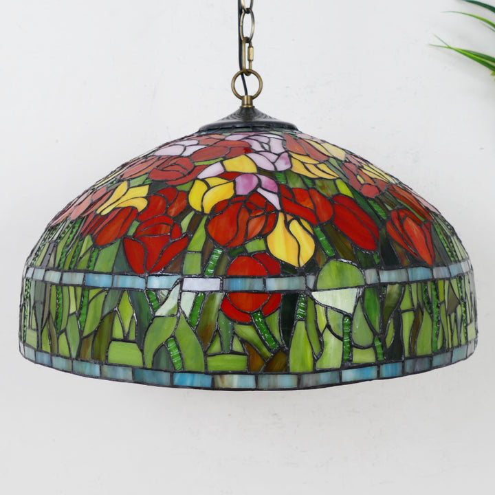 Lustre suspendu à 3 lumières en verre teinté en métal à motif de fleur ronde traditionnelle Tiffany pour chambre 