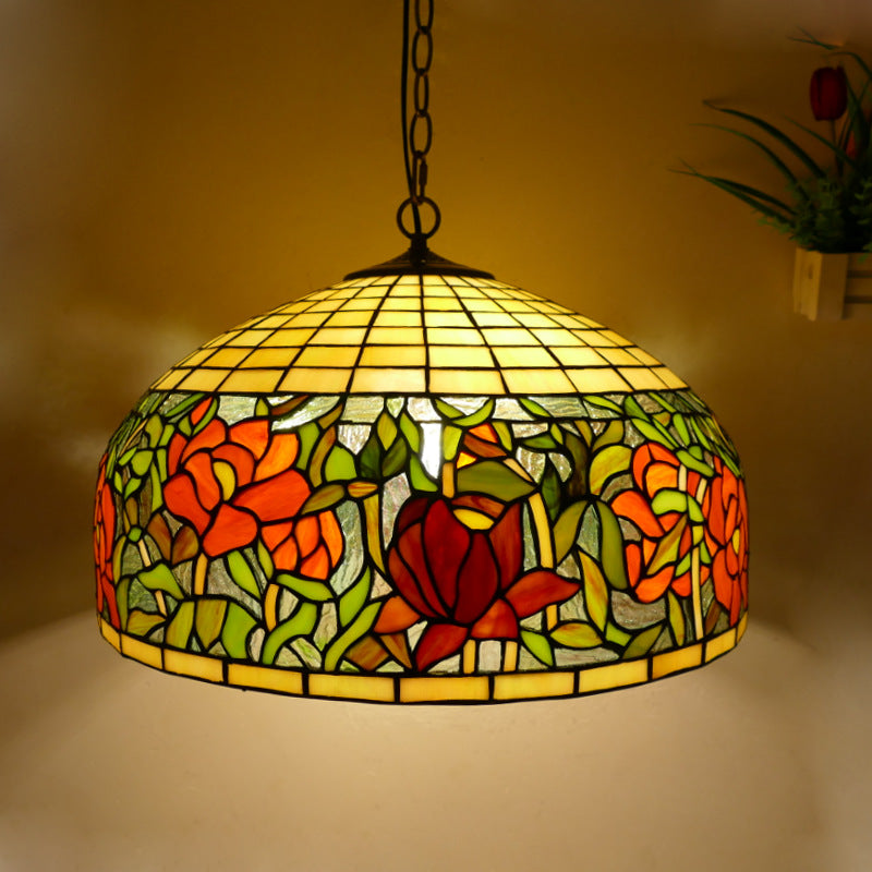 Lustre suspendu à 3 lumières en verre teinté en métal à motif de fleur ronde traditionnelle Tiffany pour chambre 