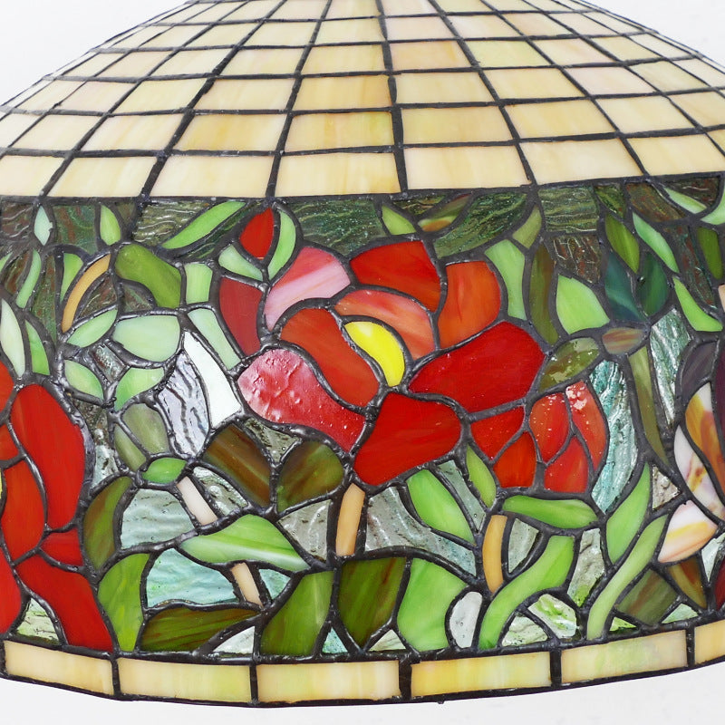 Lustre suspendu à 3 lumières en verre teinté en métal à motif de fleur ronde traditionnelle Tiffany pour chambre 