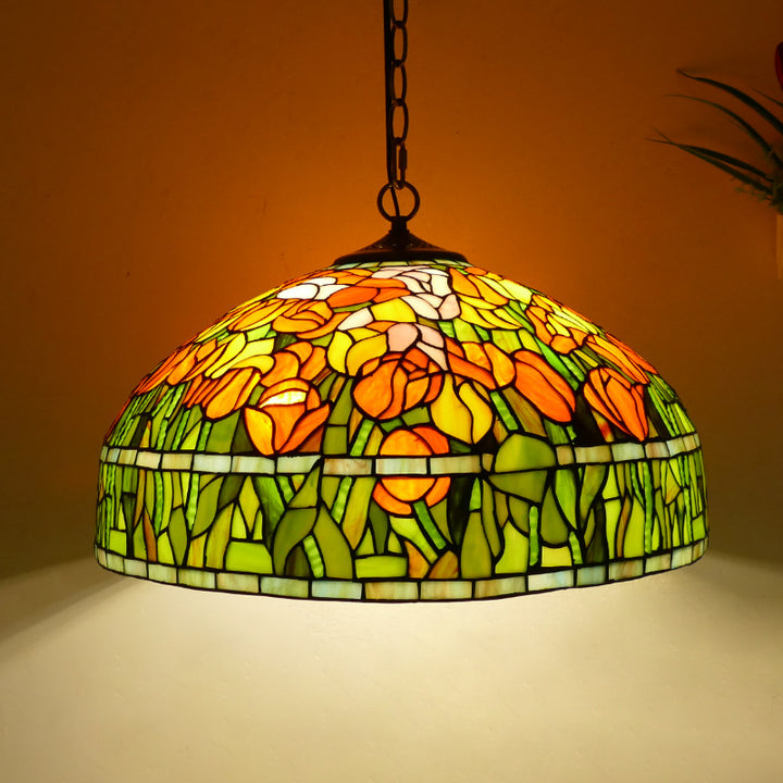 Lustre suspendu à 3 lumières en verre teinté en métal à motif de fleur ronde traditionnelle Tiffany pour chambre 