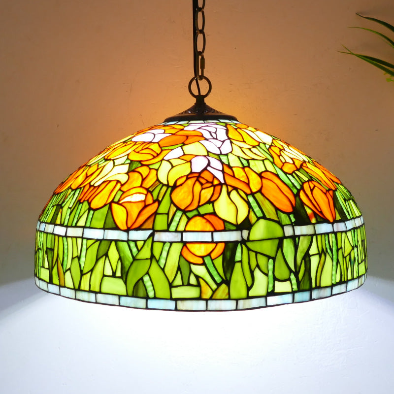 Lustre suspendu à 3 lumières en verre teinté en métal à motif de fleur ronde traditionnelle Tiffany pour chambre 