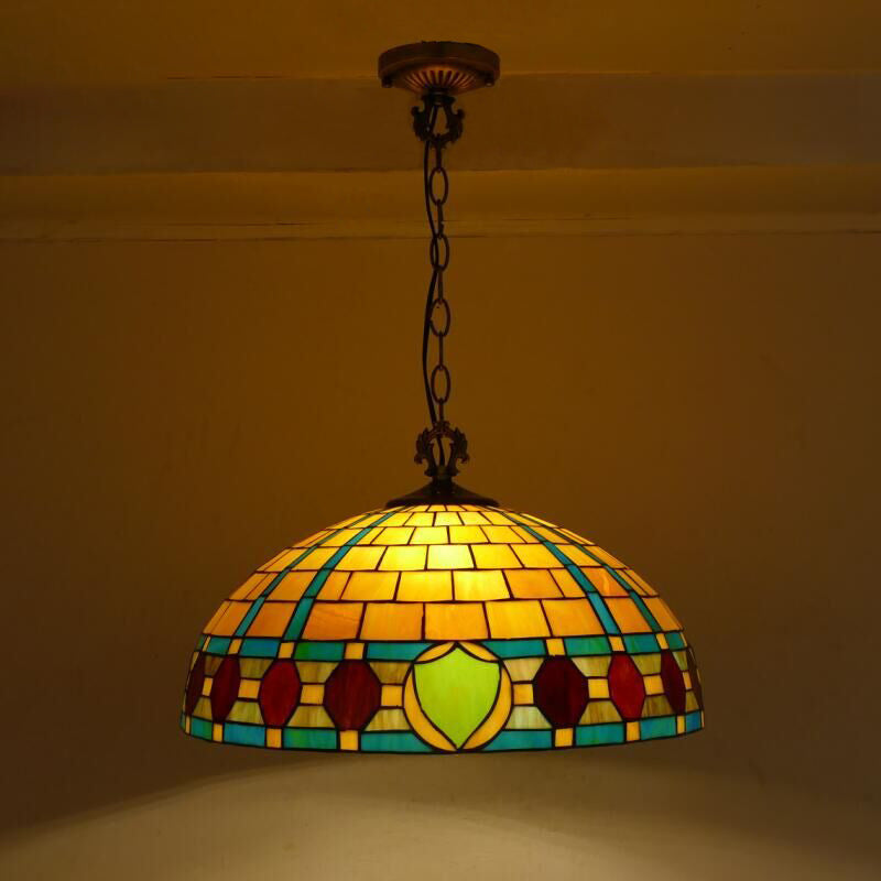 Lustre suspendu à 3 lumières en verre teinté en métal à motif de fleur ronde traditionnelle Tiffany pour chambre 
