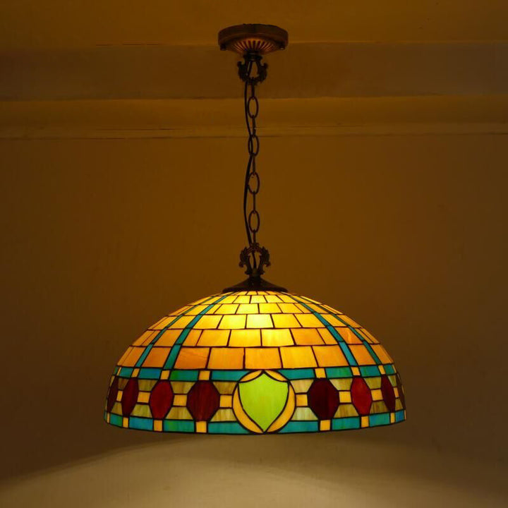 Lustre suspendu à 3 lumières en verre teinté en métal à motif de fleur ronde traditionnelle Tiffany pour chambre 