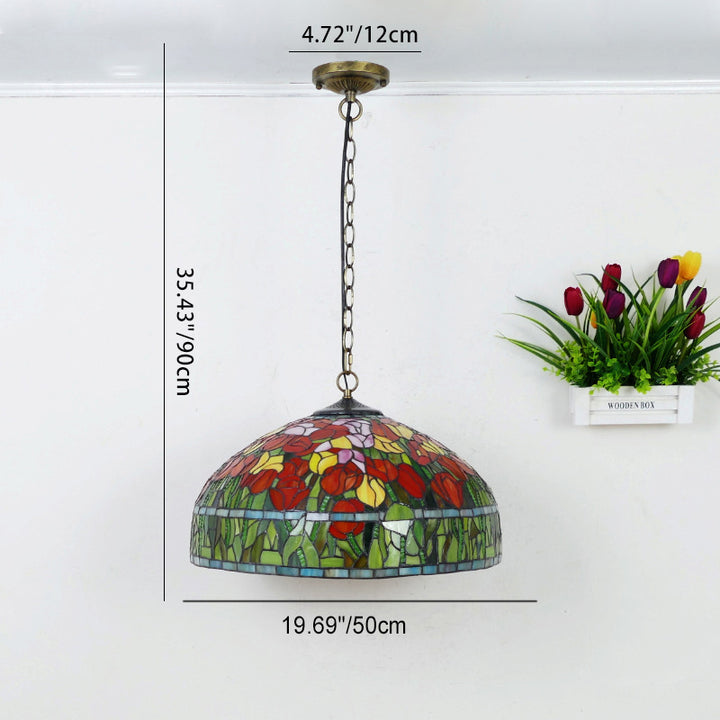 Lustre suspendu à 3 lumières en verre teinté en métal à motif de fleur ronde traditionnelle Tiffany pour chambre 