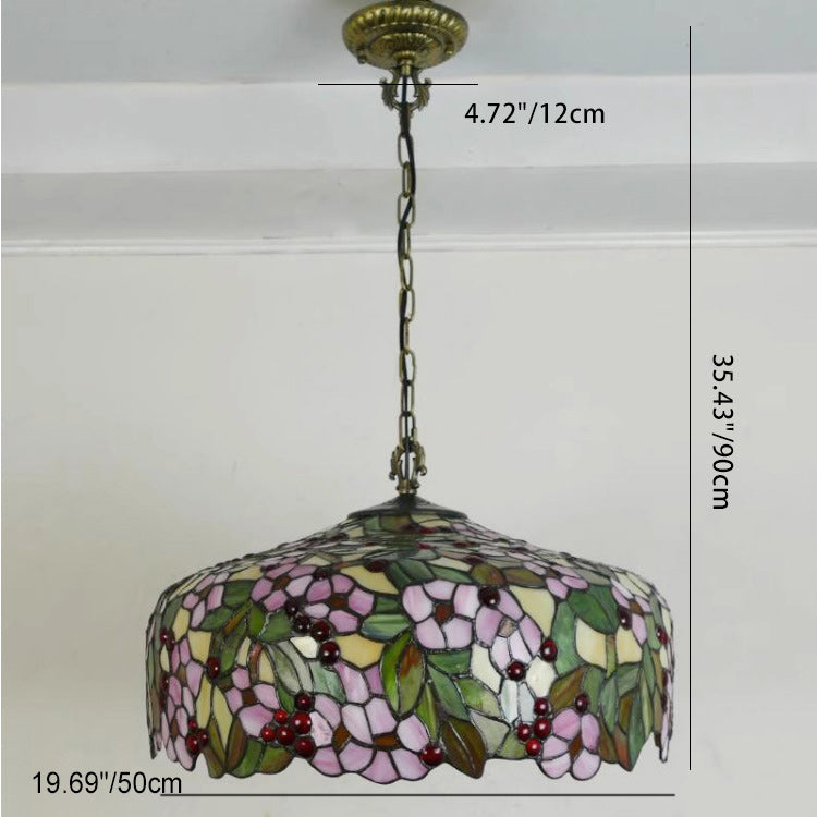 Lustre suspendu à 3 lumières en verre teinté en métal à motif de fleur ronde traditionnelle Tiffany pour chambre 