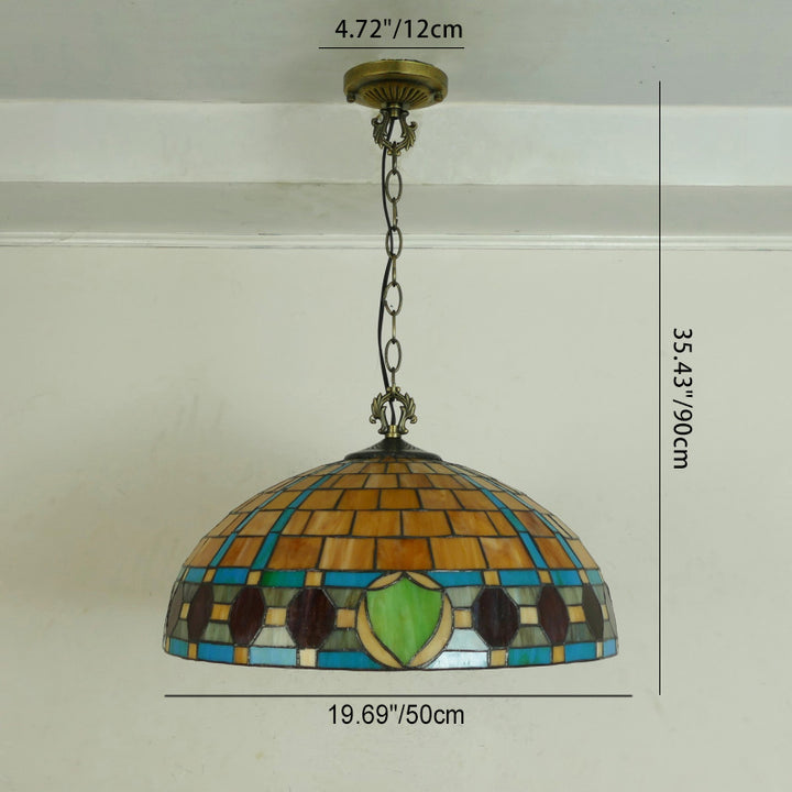 Lustre suspendu à 3 lumières en verre teinté en métal à motif de fleur ronde traditionnelle Tiffany pour chambre 