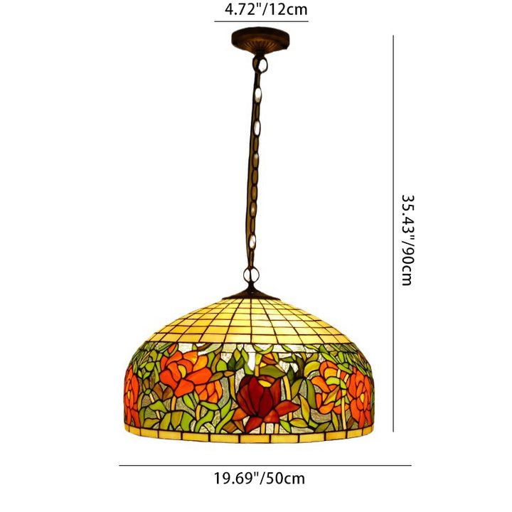 Lustre suspendu à 3 lumières en verre teinté en métal à motif de fleur ronde traditionnelle Tiffany pour chambre 